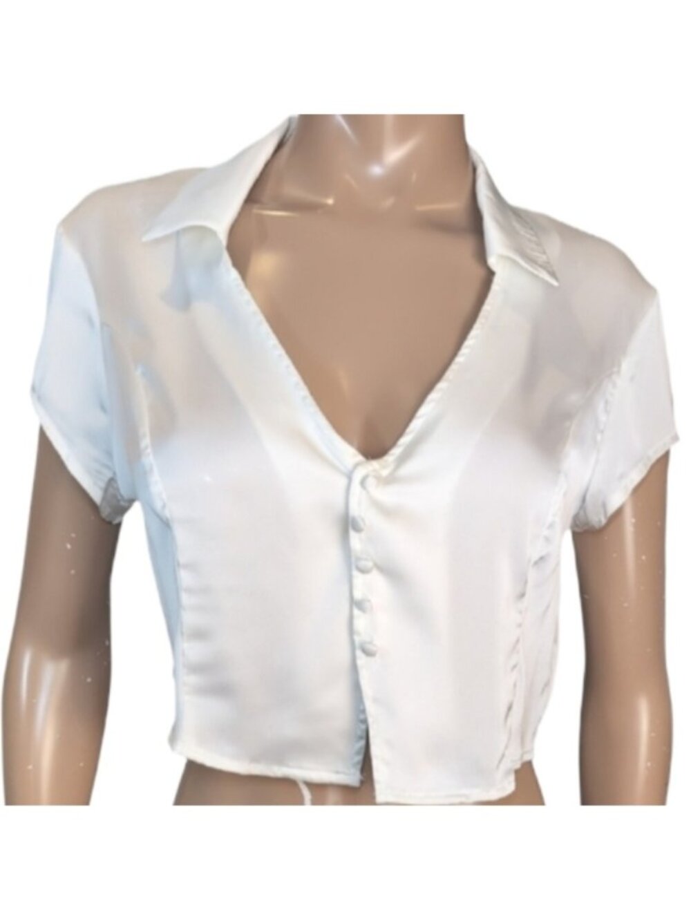 Dynamite Satin Crop Top Short Sleeve Collared Vneck Blouse Large White